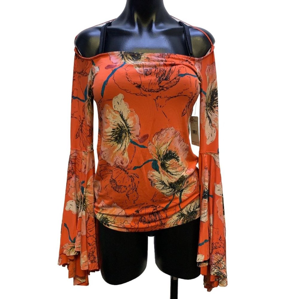 *NWT Free People Orange Bell Sleeve Floral Print Blouse Small - Picture 1 of 6